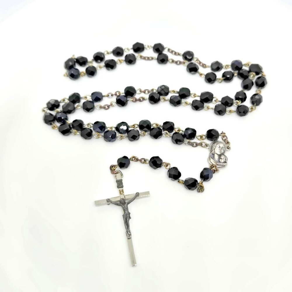 Vintage Black Faceted Glass Rosary Sacred Heart